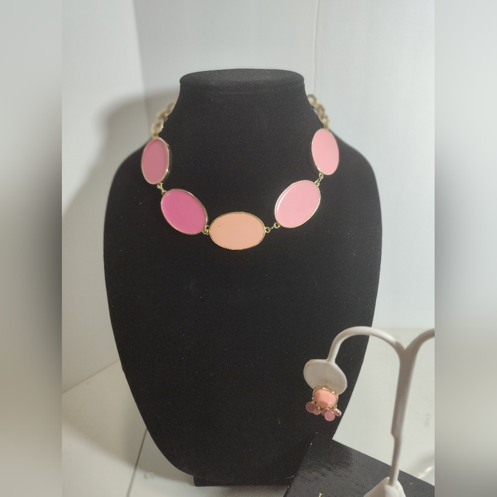 Crown & Ivy Enameled Pink Necklace and Earring Set NWOT